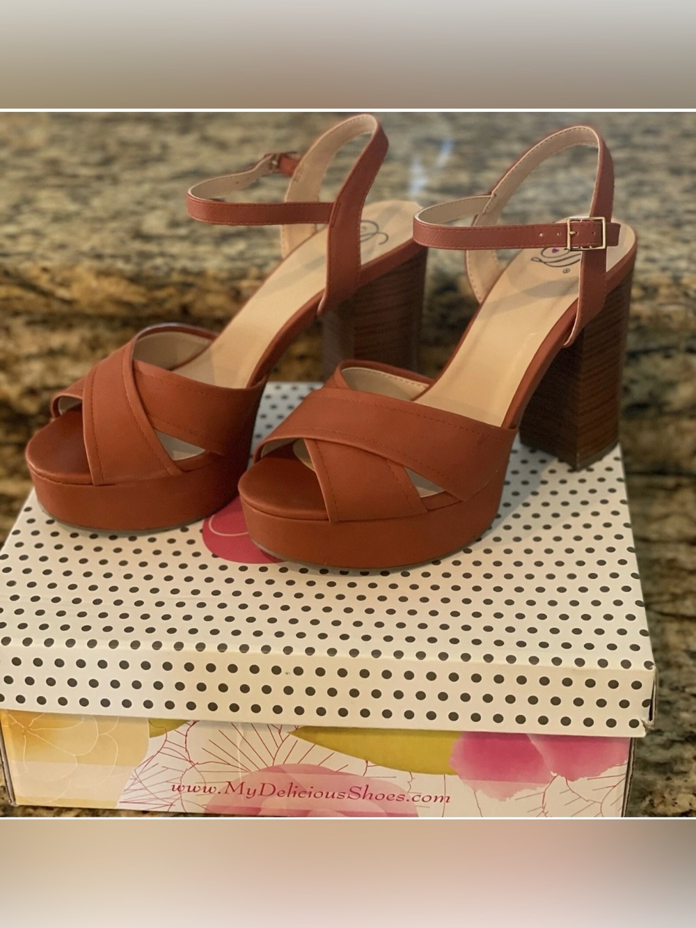 Rust Tan Platform Block Heel Sandals with Ankle Strap